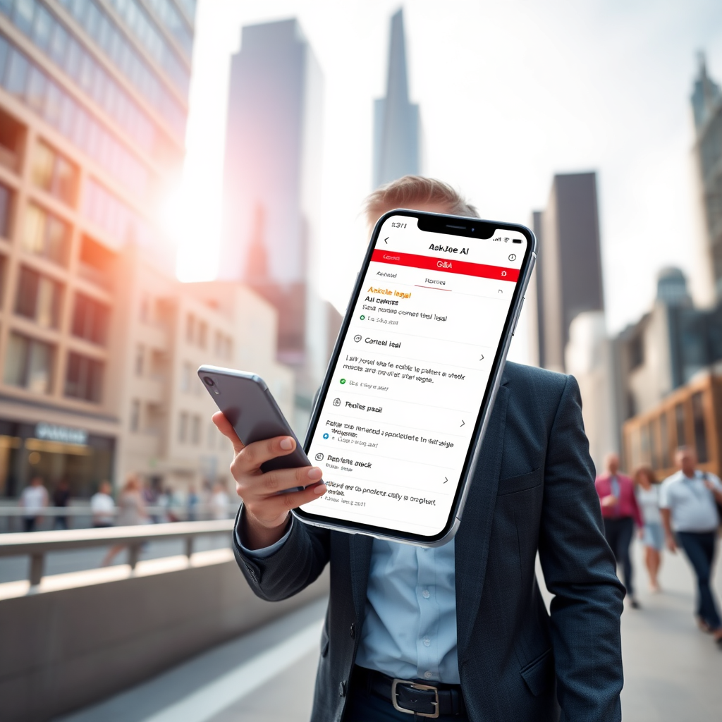 A dynamic scene showing a professional on a smartphone walking through an urban setting. The bright cityscape serves as a backdrop, symbolizing modern life. The smartphone interface of AskJoe-AI is visible, displaying a Q&A section. The focus captures the speed and ease of obtaining legal knowledge in a fast-paced environment.