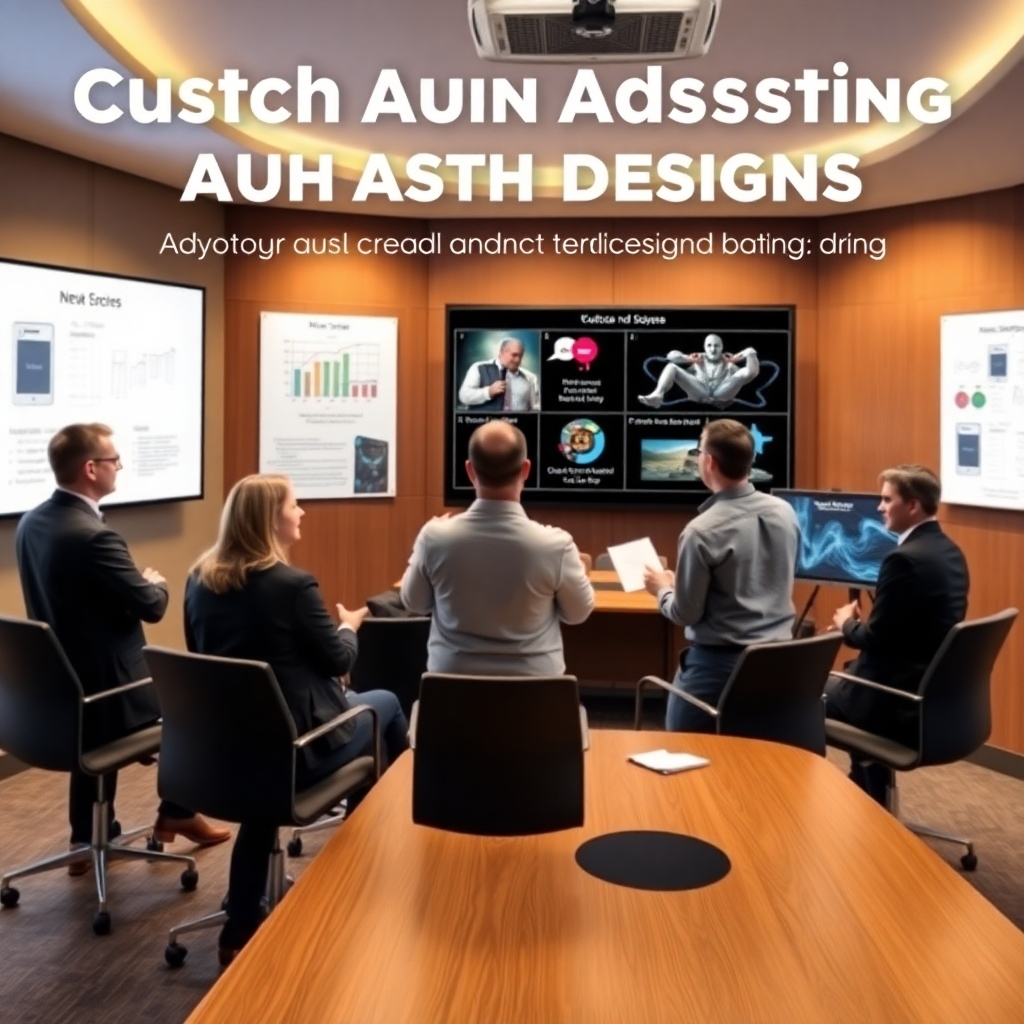 A dynamic visual of a media consultant interacting with church leaders, discussing options for custom audio and visual designs. The setting is a stylish meeting room with charts and screens displaying different media strategies.