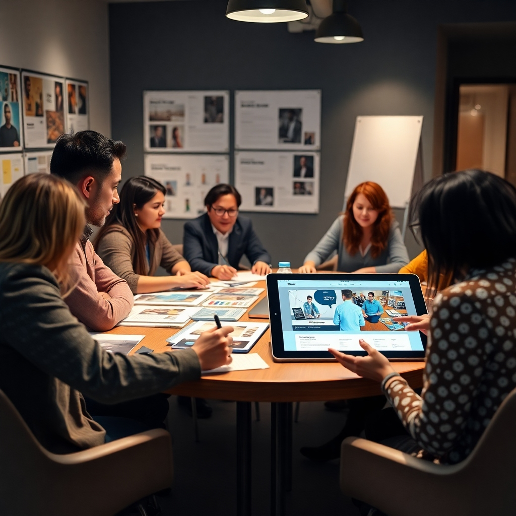 A focused creative meeting where diverse team members gather around a large table, discussing client projects while surrounded by mood boards and visual mock-ups. One member is pointing at a digital tablet displaying a customized audiovisual design, emphasizing collaboration and client focus.