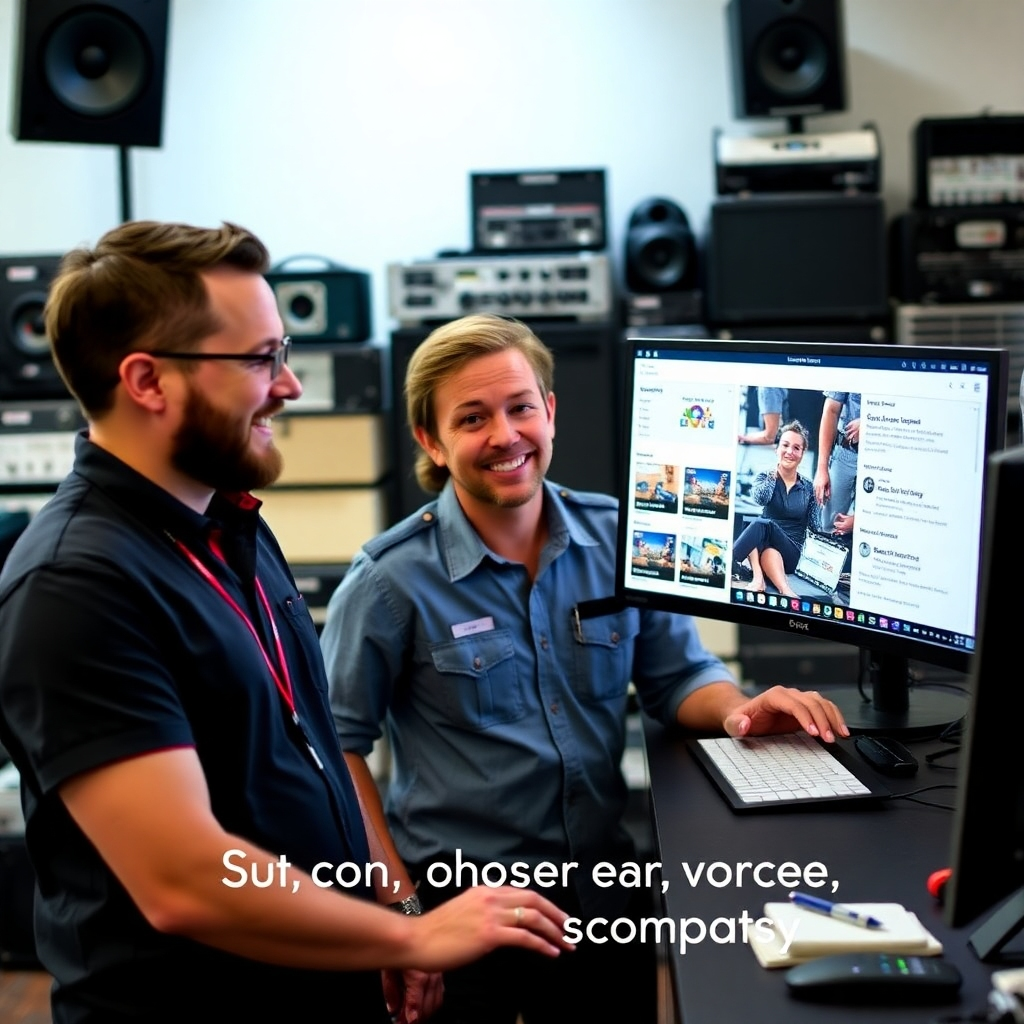 A friendly rental service representative engaging with church staff, showcasing various rental packages on a computer. The background features an array of gear ready for rental, emphasizing accessibility and support.