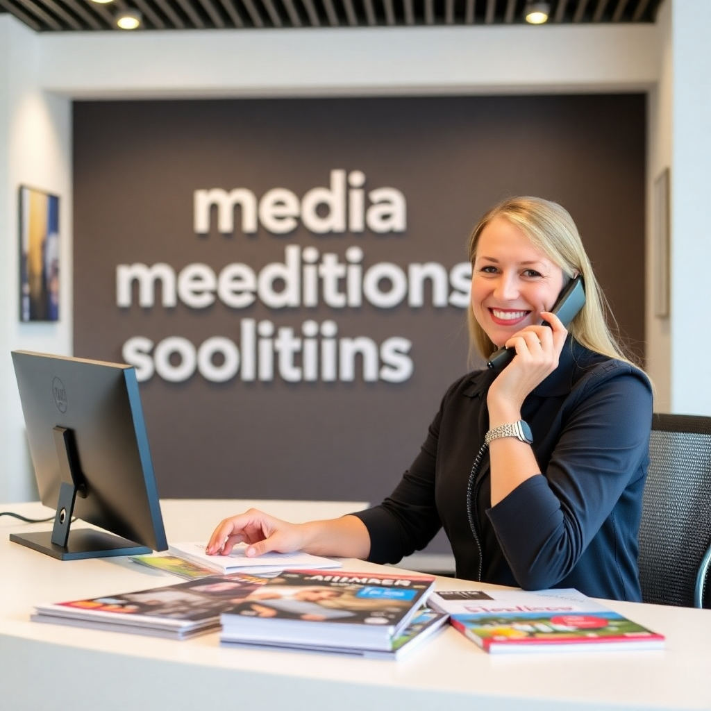 A friendly staff member at a modern reception area, answering phone calls with a welcoming smile, surrounded by brochures on media solutions. The scene conveys accessibility and readiness to assist.