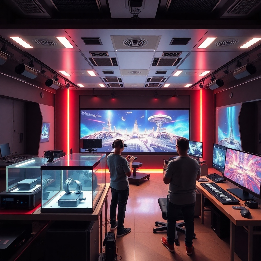 A futuristic audiovisual studio filled with high-tech equipment, including 3D printers, VR headsets, and large touch-screen displays showcasing dynamic graphics. A creative team is seen testing immersive audio and visual effects, resulting in an exciting atmosphere of innovation.