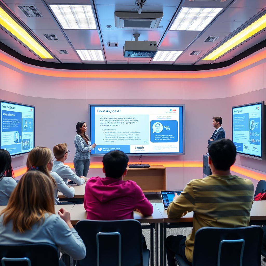 A futuristic classroom setting, with students actively participating in a live demo of AskJoe-AI. Interactive screens display legal concepts while a teacher guides the discussion. Bright, colorful lighting enhances the scene, fostering enthusiasm and engagement. Style references draw from tech-forward educational environments.