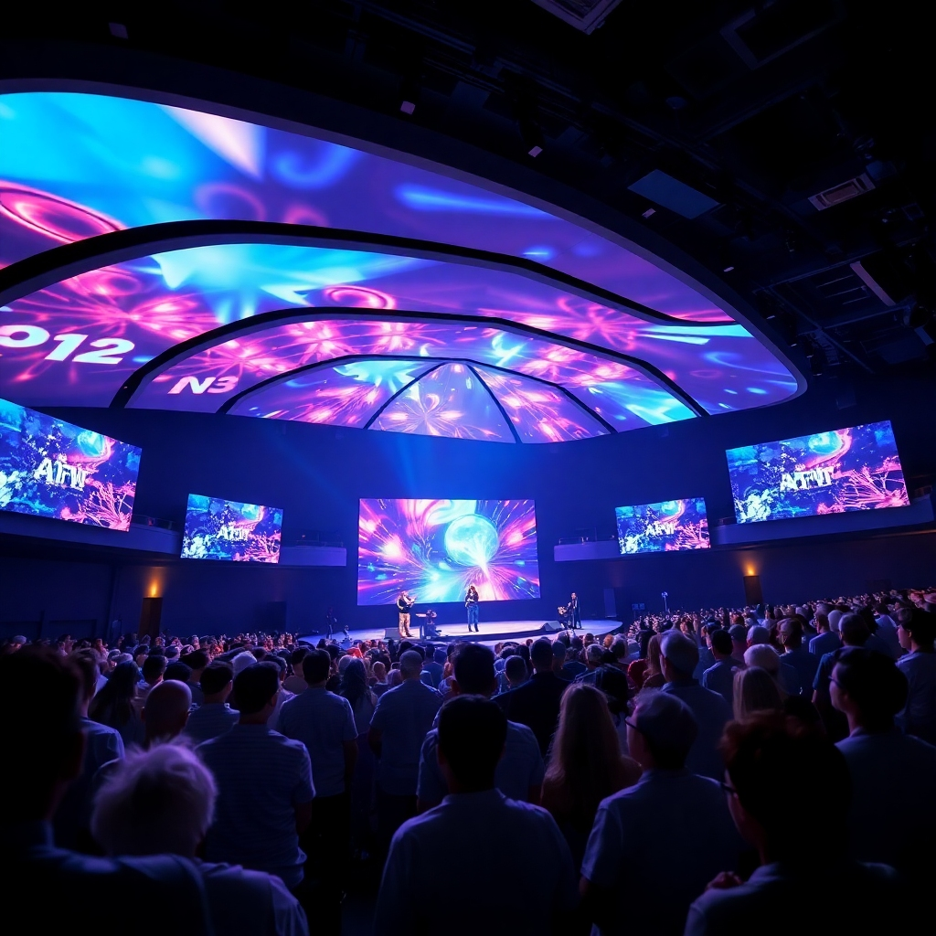 A futuristic, high-tech church environment showcasing advanced projection systems and 3D visual effects during a service. The image captures the awe of the congregation, emphasizing the impact of cutting-edge technology in worship.