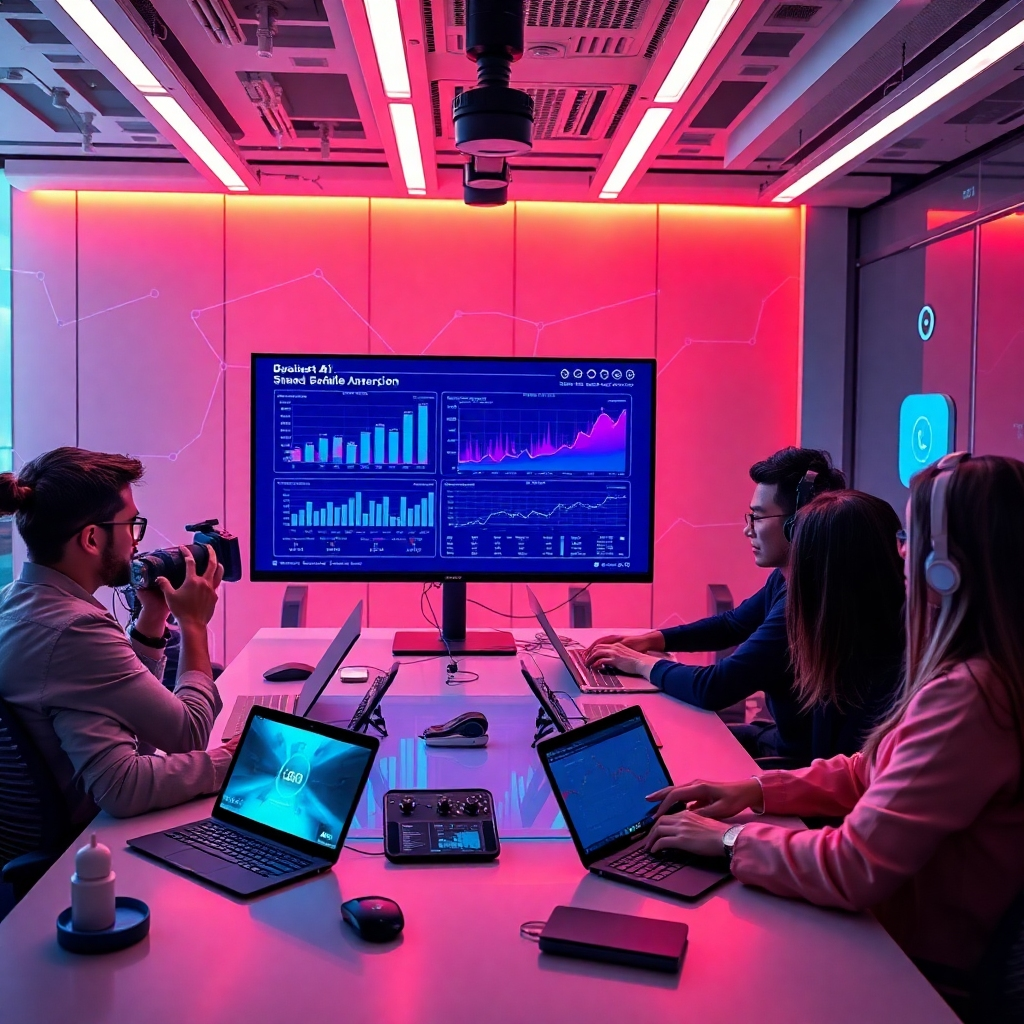 A futuristic image of an AI-driven branding session, where a team uses advanced analytics tools displayed on a large monitor. The mood is high-energy and innovative with a tech-savvy ambiance, featuring sleek tech devices and smart solutions on the desks, highlighting efficiency and growth.