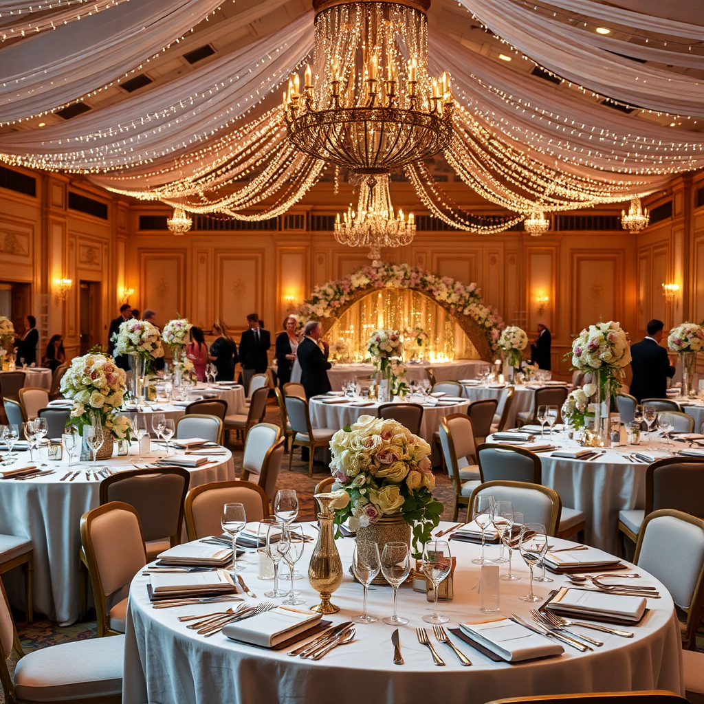 A grand image illustrating a beautifully set event celebration in a luxury venue, complete with exquisite table settings, stunning floral arrangements, and twinkling fairy lights. The warm ambiance reflects joy and elegance, with guests enjoying themselves. The image's close-up details capture intricate textures of tableware and décor, while a wide-angle shot conveys the size and grandeur of the event, representing a perfect celebration crafted with love and expertise.