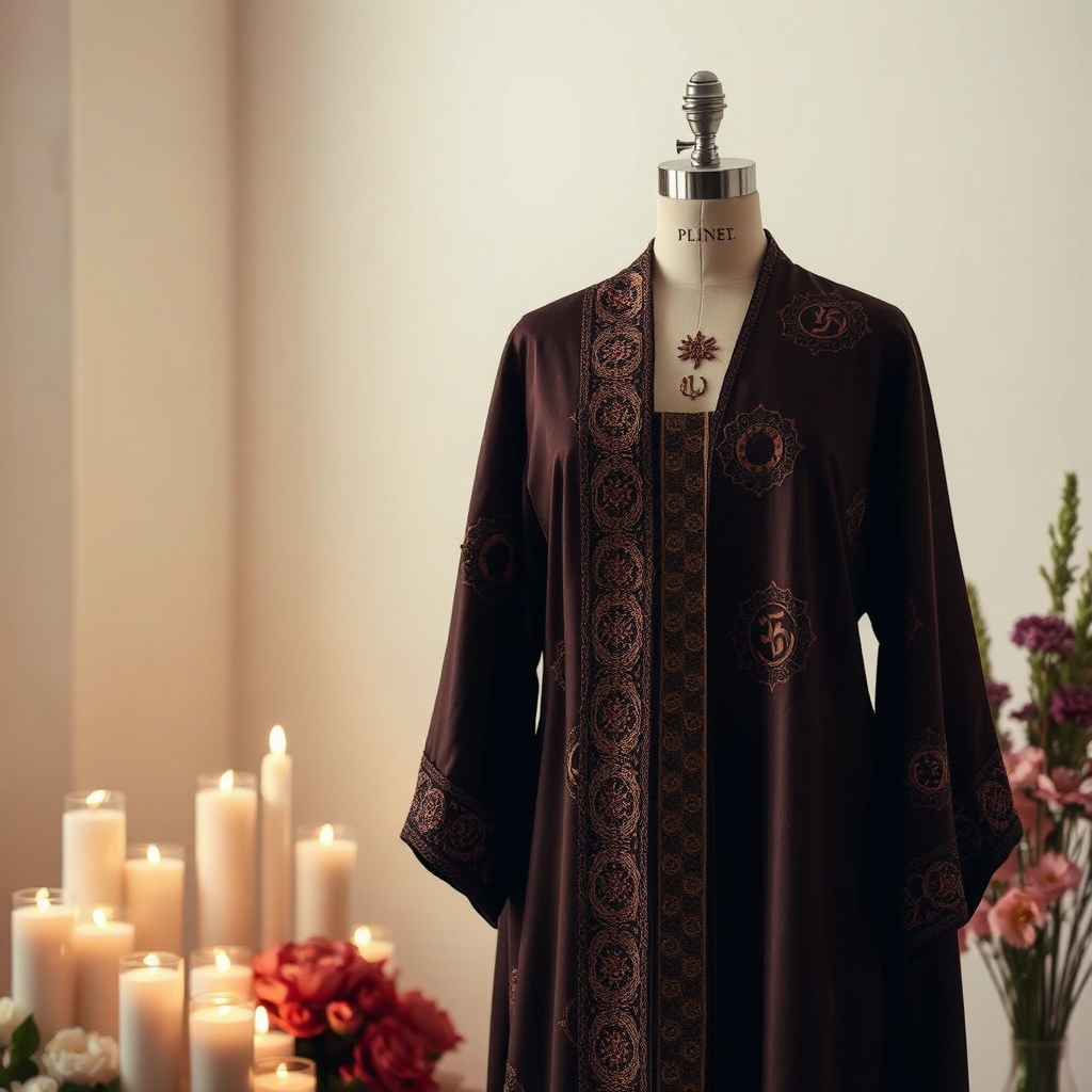 A graphic image filled with spiritual symbols subtly integrated into an elegant outfit display. The lighting emphasizes the intricate details of the fabrics. The environment is serene, with elements like candles or floral arrangements creating a harmonious atmosphere that aligns fashion with spirituality.