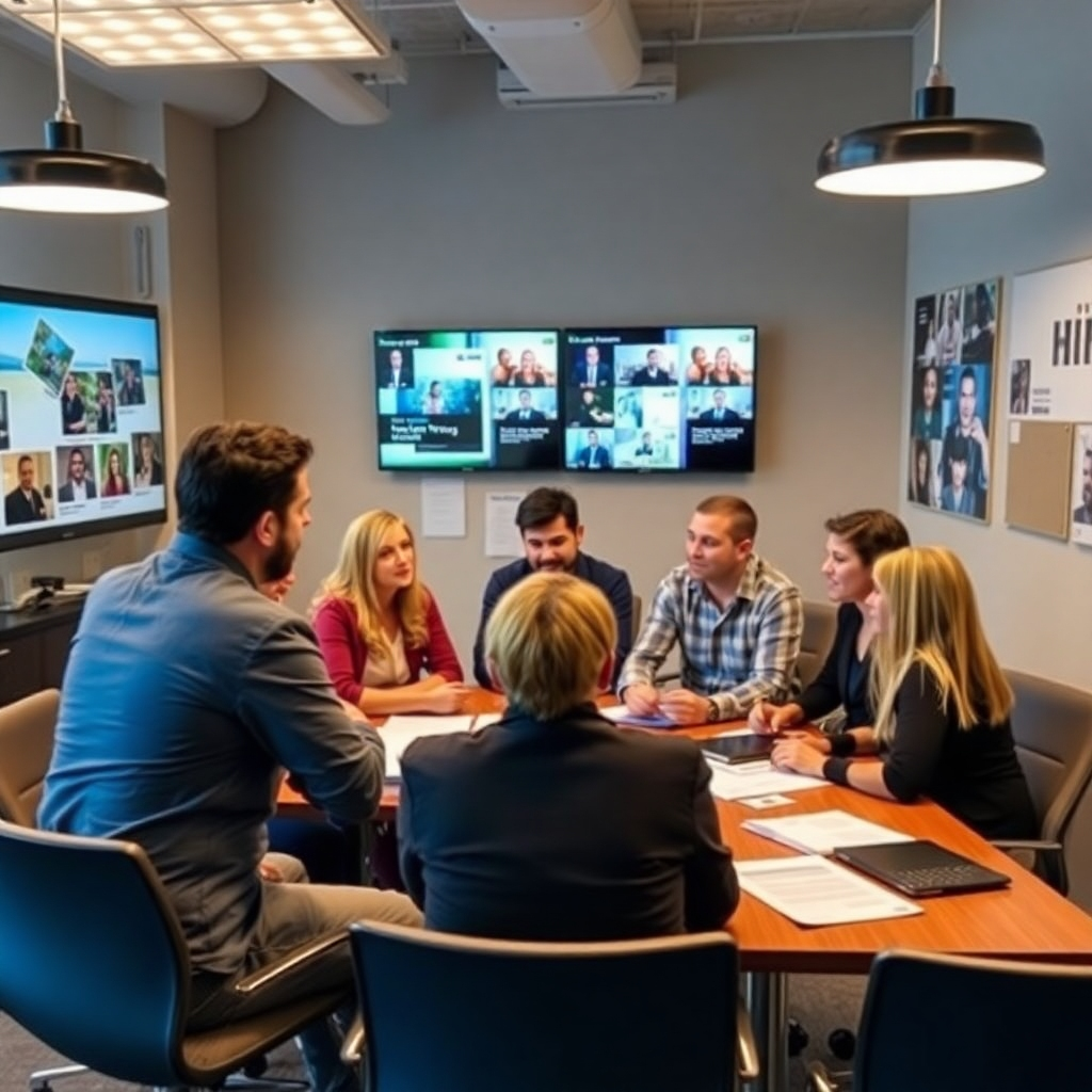 A group of dedicated team members brainstorming in a conference room, surrounded by media visuals and strategy papers. The atmosphere is collaborative, emphasizing their commitment to assist churches in their journey.