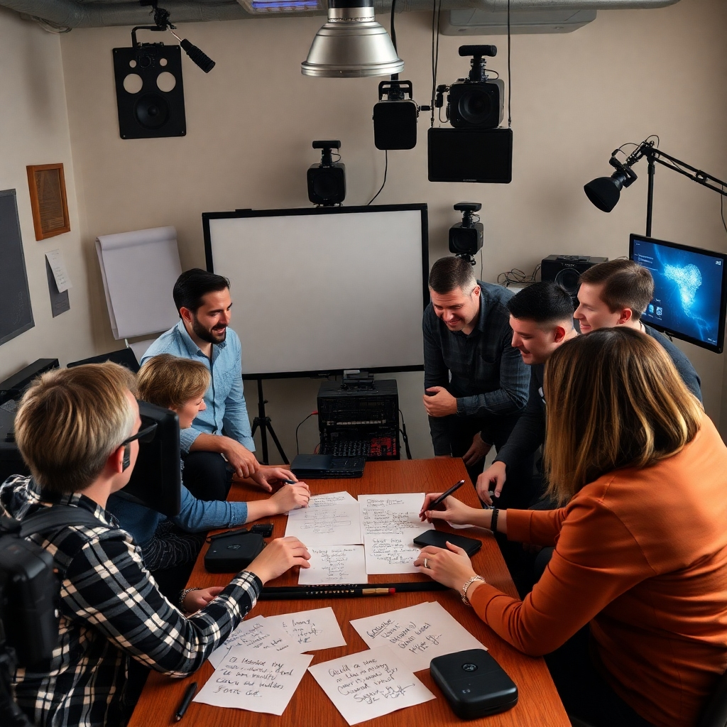 A heartfelt image of a diverse team of church media experts in a brainstorming session, surrounded by various audio-visual gear. The scene captures their dedication, with handwritten notes on paper, symbolizing innovative ideas and community spirit.