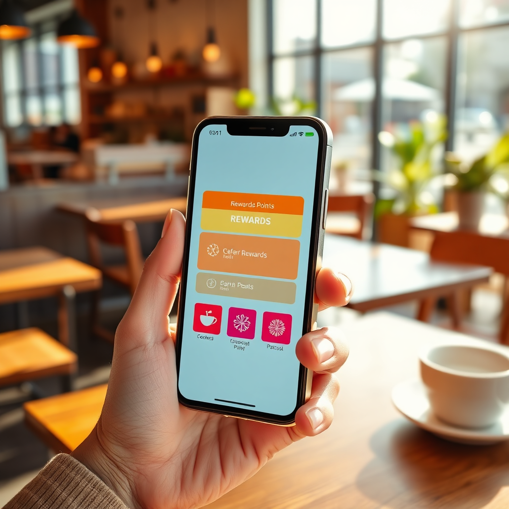 A high-quality image illustrating a user receiving rewards points on their mobile app while enjoying a local café. The composition includes the user's hand holding the phone, displaying colorful reward notifications, with a trendy café setting in the background. Bright morning light filters through the cafe’s windows, creating an inviting atmosphere and enhancing colors of the coffee and pastries on display. The textures of the café's wooden furniture and the phone screen should be vivid, capturing the excitement of earning rewards. This image should be engaging and relatable, focusing on user experience.