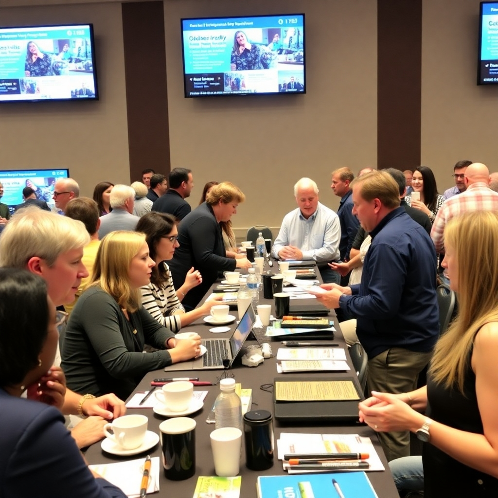 A lively networking event featuring church media professionals exchanging ideas, experiences, and best practices over coffee, with tables filled with resources and display screens highlighting community updates in the background.