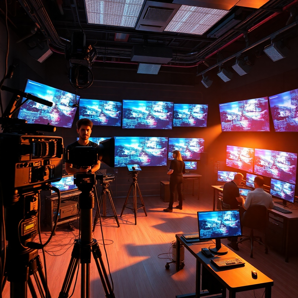 A modern studio filled with high-tech equipment, including advanced cameras, audio mixing tools, and screens displaying stunning visuals. The atmosphere is vibrant and creative, with professionals collaborating on digital art and video production. Use soft lighting to create a dynamic and inspiring environment.
