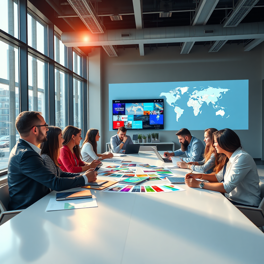 A photorealistic image capturing a diverse group of event promoters strategizing at a modern conference table, accented by natural light streaming through large windows. The scene is filled with colorful event materials, digital screens displaying exciting events, and a world map highlighting cities worldwide. The color palette includes blues, greens, and whites, symbolizing freshness and innovation. The angled shot focuses on the collaboration and enthusiasm of the team. The textures of the materials and the modern design convey a sense of professionalism and creativity. Specifications: 4K resolution.