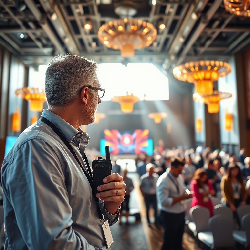 A photorealistic image depicting an experienced event manager overseeing a preparation phase of a large conference. Bright daylight pours into the venue, highlighting vibrant decorations and engaged staff setting up. The shot captures the manager on a walkie-talkie, coordinating tasks efficiently, emphasizing professionalism and teamwork. Different textures enhance the atmosphere, symbolizing the complexity of event management illustrated beautifully.