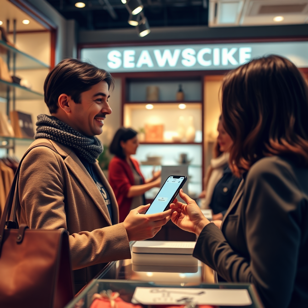 A photorealistic image of a shopper receiving a reward confirmation while checking out at a local boutique. The shop should be stylish and inviting, with a warm ambiance created by soft lighting and rich colors. The angle favors the interaction between the shopper and the cashier, highlighting the mobile app on the shopper’s phone. Details such as stylish clothing and friendly shop staff enhance the scene. This image should convey a realistic shopping experience and the joy of earning rewards.