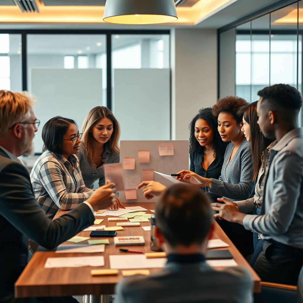 A photorealistic image showing a brainstorming session, with sticky notes and diagrams around a table. Diverse individuals are discussing legal topics, evoking collaboration and understanding. Warm lighting enhances the engaged expressions of the participants. Style references hint at modern office setups. The camera captures a dynamic and energetic learning scene.