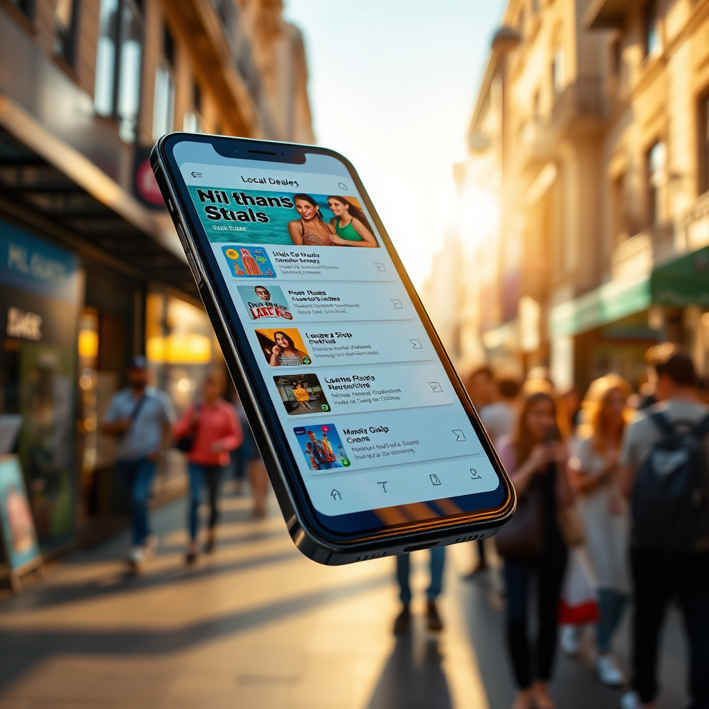 A photorealistic image showing a smartphone with an open app interface displaying various local deals and notifications. The background features an attractive urban setting with busy streets and people engaged in shopping activities. Warm lighting from the afternoon sun casts shadows and highlights the phone's glossy screen. The colors are bright and vibrant, enhancing the tech-savvy atmosphere. The angle focuses closely on the phone while blurring the background to emphasize the app's interface. The image represents connectivity and modern lifestyle, aiming for high-quality realism.