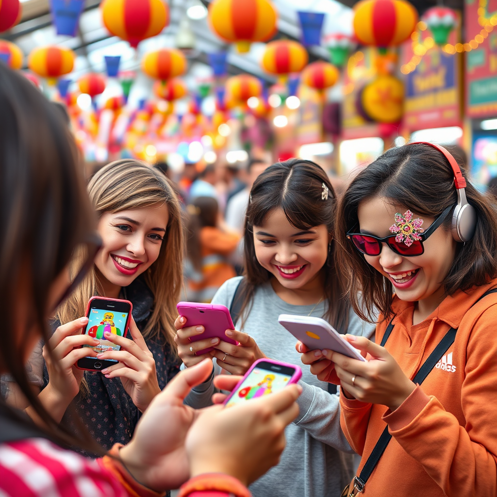 A playful and colorful image showcasing users engaging with a gamified shopping app, with vibrant rewards and promotions displayed on their devices. The setting is lively and fun, possibly at a local fair or market filled with various activities. The camera should capture the joyful expressions of the users as they interact with the app, creating a festive atmosphere. Bright colors and lively textures in the environment enhance the sense of fun and excitement, aimed at a photorealistic standard.