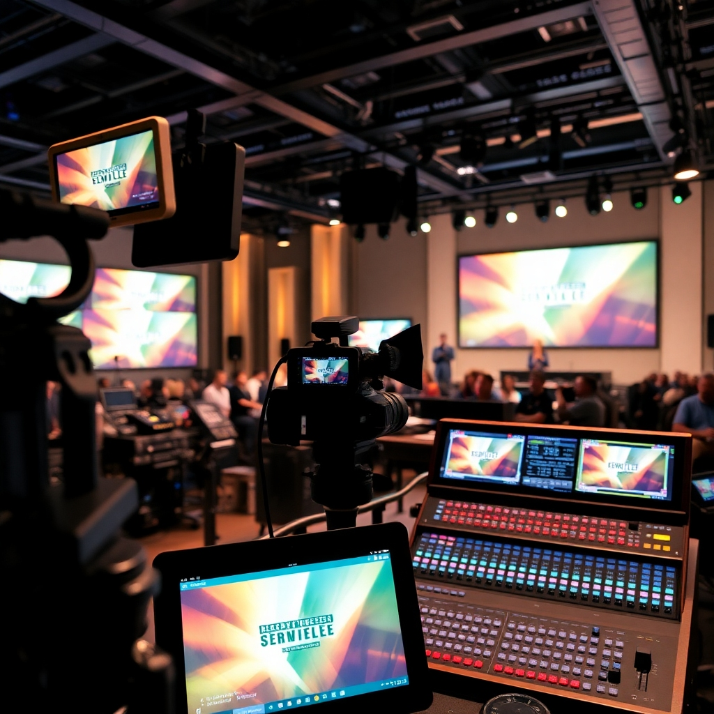 A polished live broadcasting environment featuring high-definition cameras, sound boards, and stunning visuals of a live service. The professionalism of the setup conveys a serious commitment to quality outreach.