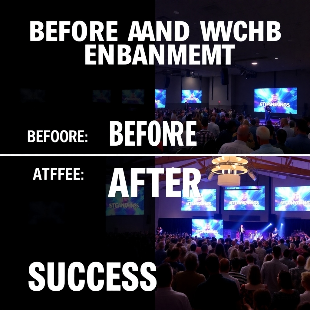 A powerful visual collage of before-and-after images of church media enhancements, showcasing dynamic worship environments filled with happy congregations. The image encapsulates success and community engagement.