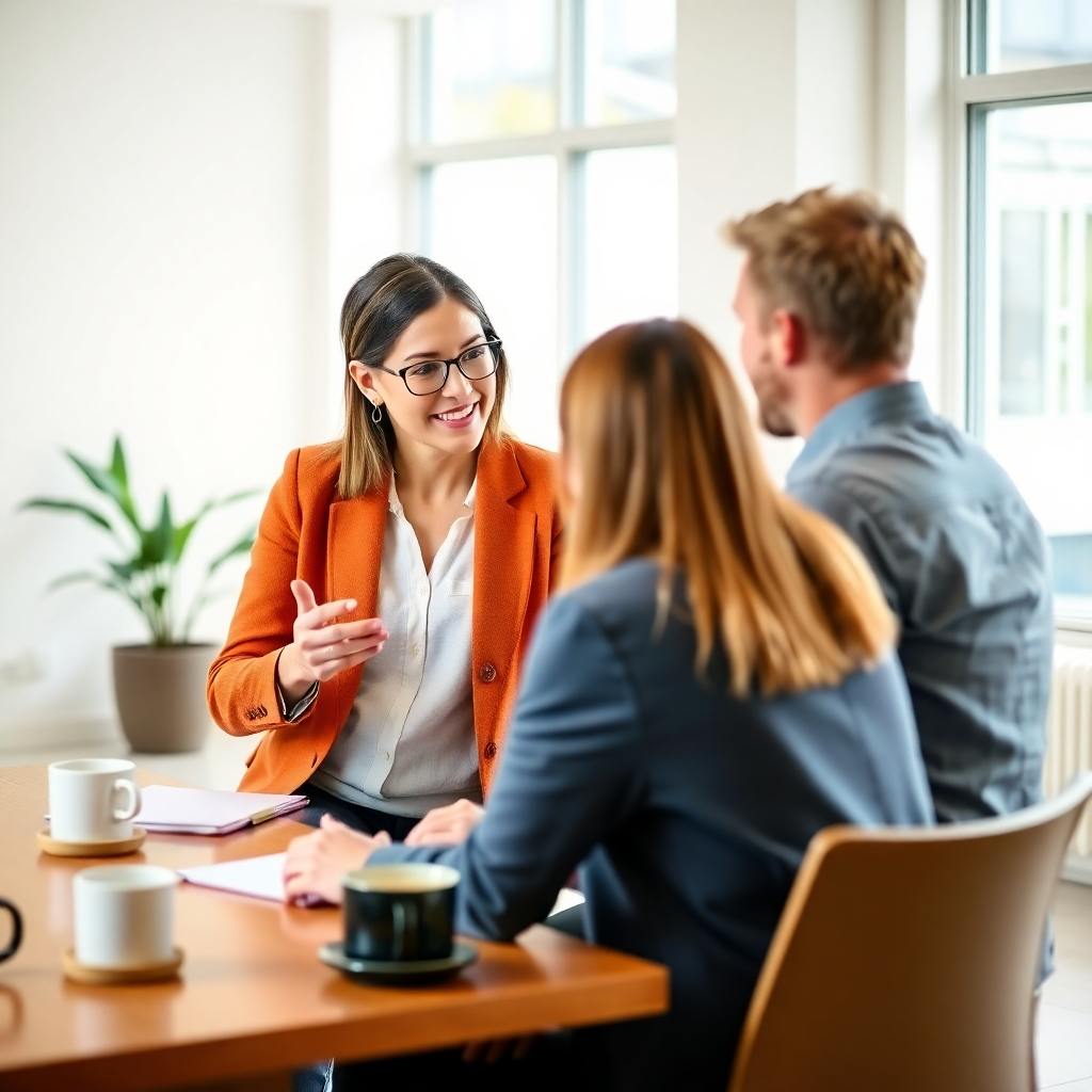 A professional coach guiding an individual in a bright, modern office setting. The image should show a one-on-one session, with notes and coffee cups on the table, emphasizing communication and connection. The environment should feel uplifting, inspiring growth and positivity.