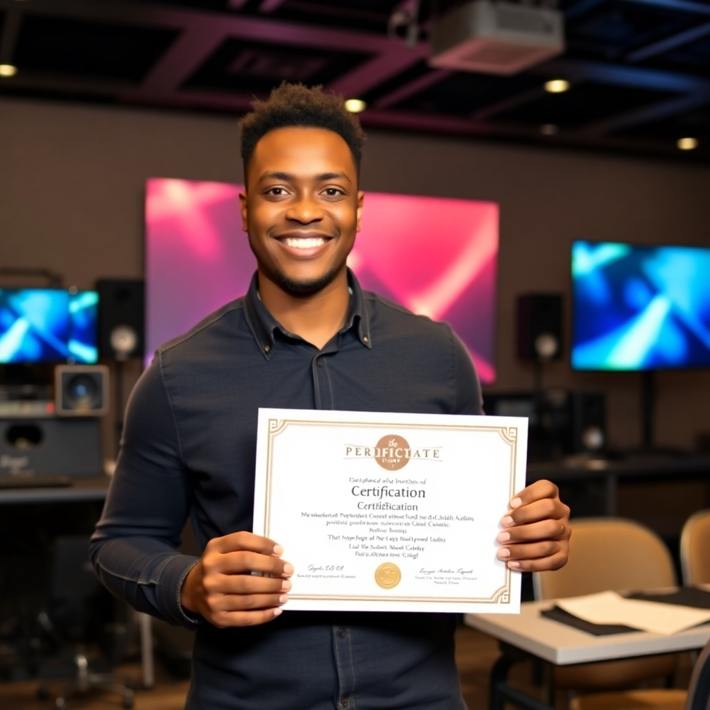 A proud participant holding a certification diploma in front of a backdrop of audio-visual setups, with smiles all around. The certificate symbolizes achievement and readiness to implement learned skills in their own churches.