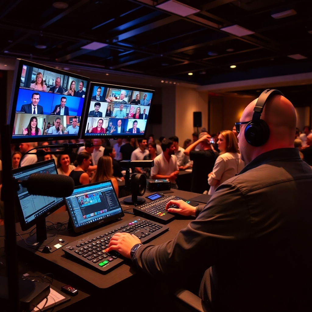 A scene showcasing a live streaming operator skillfully managing audio, video, and interactive tools, with multiple monitors displaying viewer interactions. The environment is buzzing with energy as the audience connects with the service online.