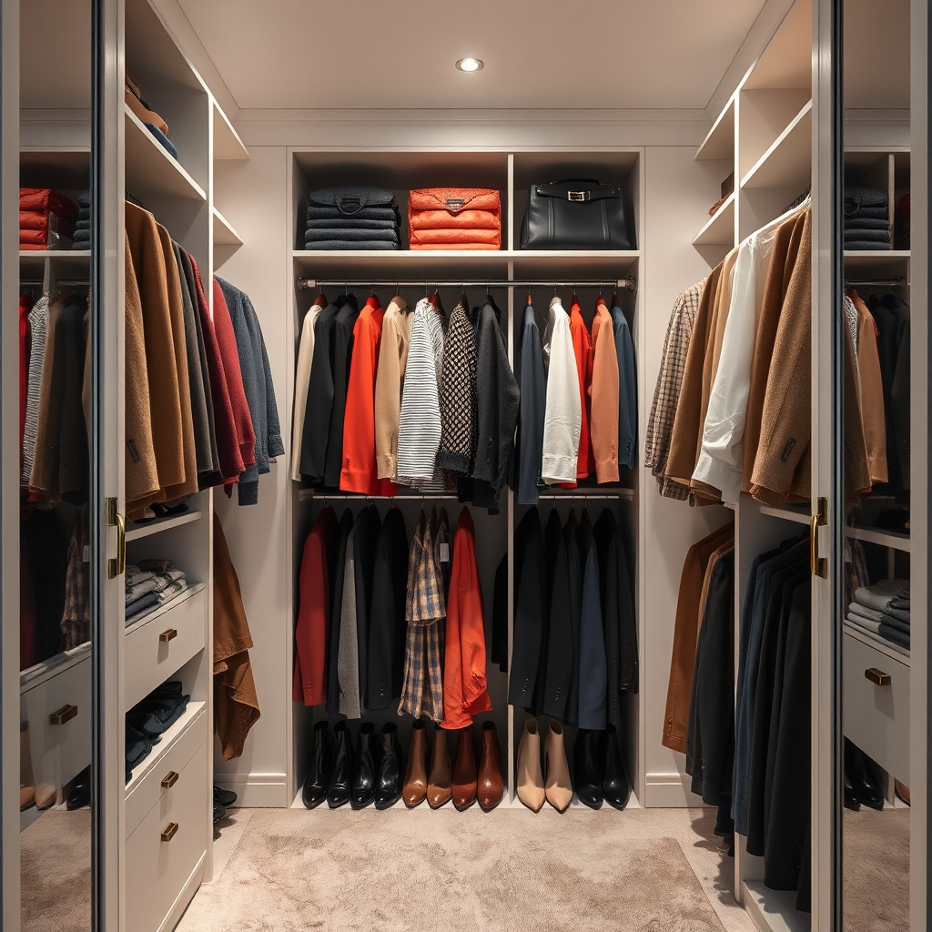 A sleek image capturing a professionally organized closet filled with curated pieces, showcasing color coordination and neatness. The soft, ambient lighting highlights the elegance of the selections, inviting viewers to envision their ideal curated wardrobe.