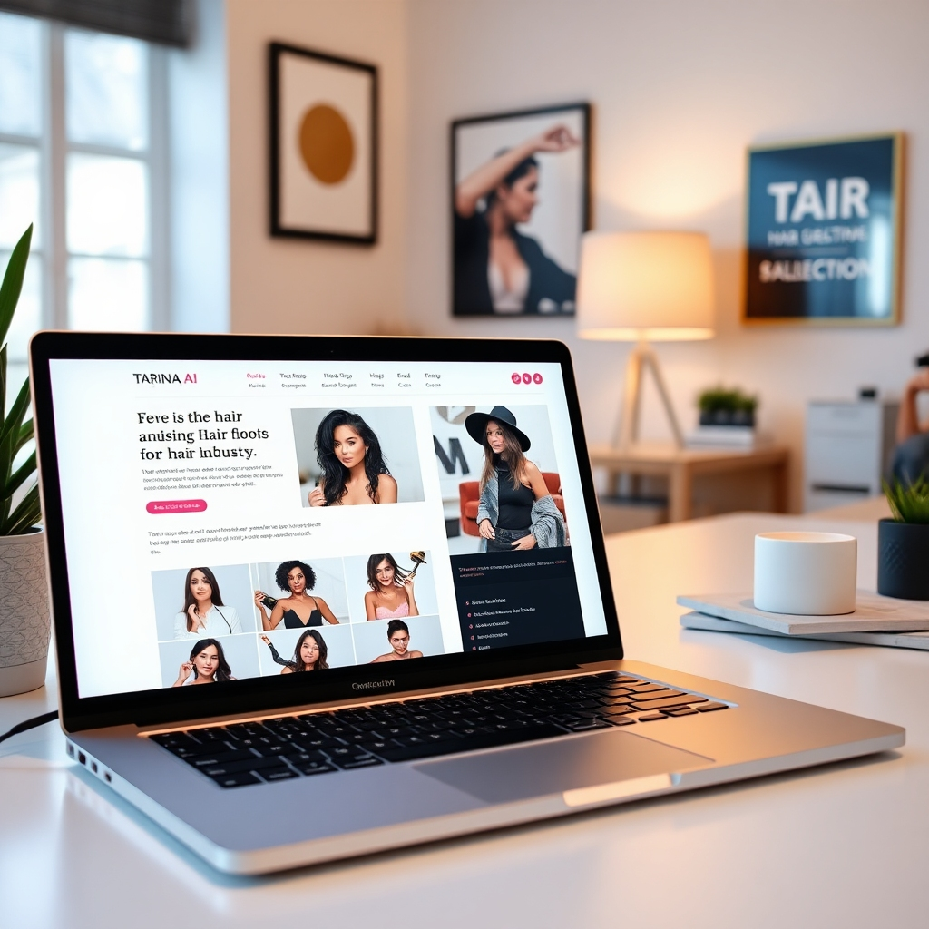 A sleek, modern homepage layout displayed on a laptop screen, featuring engaging visuals and inviting typography. The environment should include a cozy workspace with stylish decor, soft lighting, and branding elements of Tarina's Ai & Branding Agency. The overall atmosphere should feel professional yet approachable, highlighting the agency's focus on the hair industry.