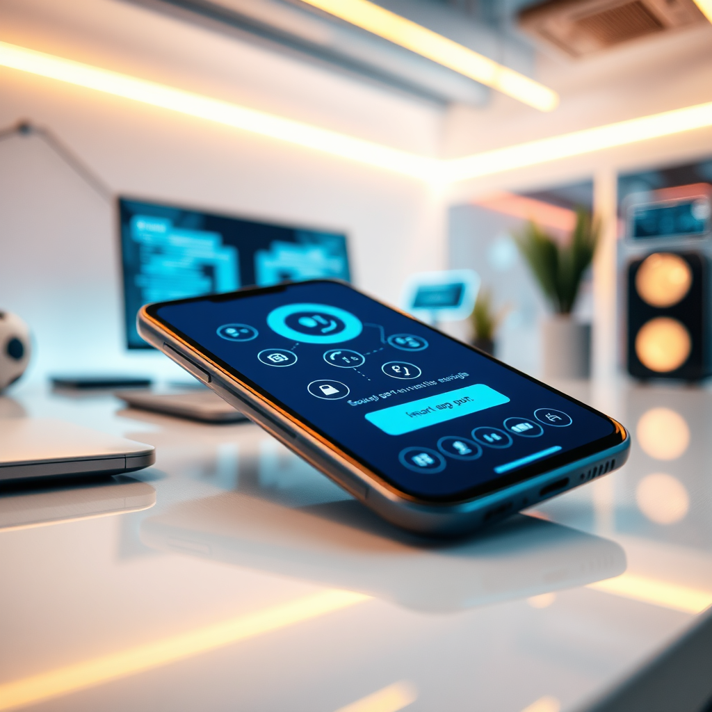 A sleek, modern image of a smart bot interface displayed on a smartphone, with animated graphics illustrating its functionalities. The background is a minimalistic tech-themed workspace, glowing with contemporary design elements. This close-up conveys the exposition of smart technology in everyday tasks.