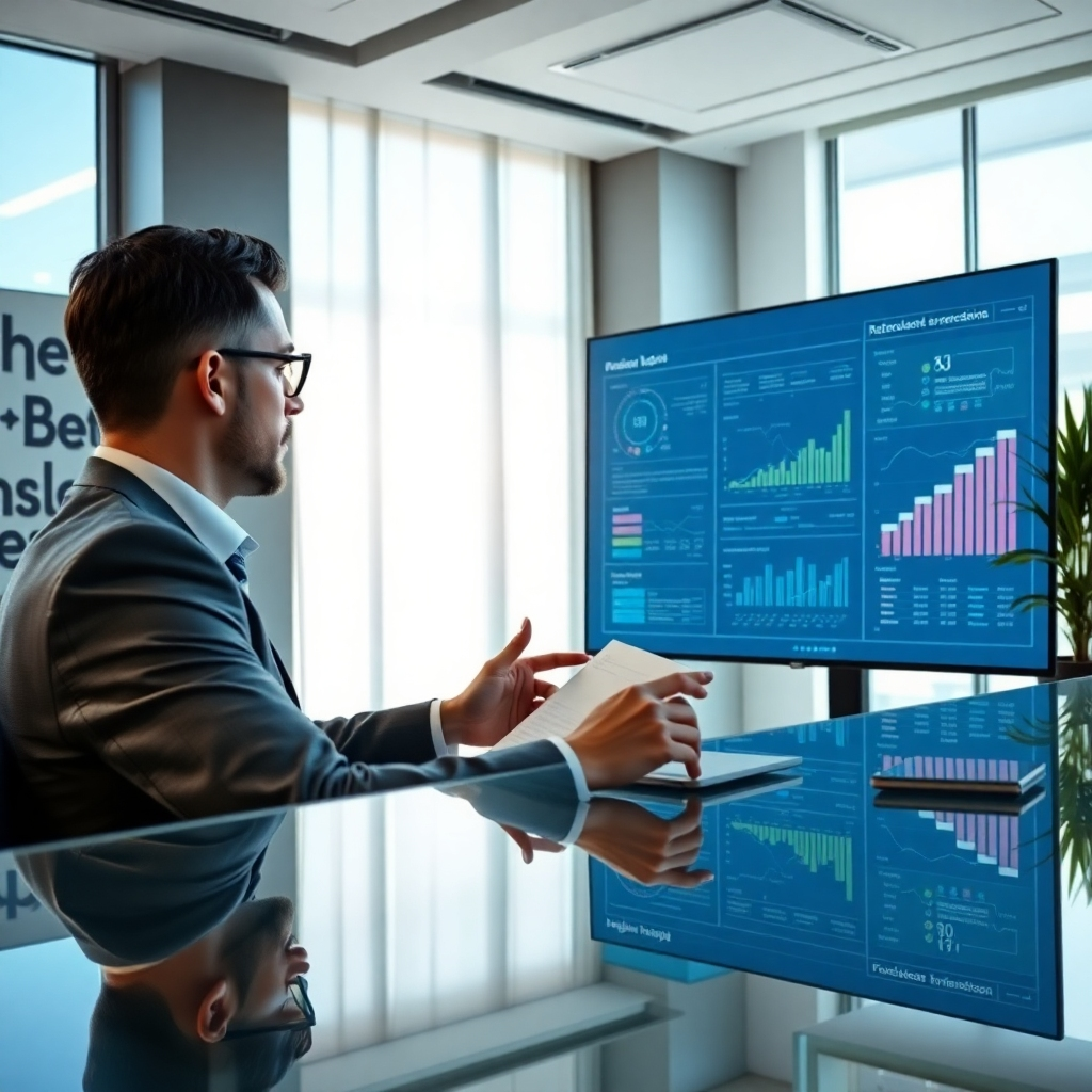 A sleek office scene with a business executive analyzing AI-generated reports on a large screen. Natural light floods the room, highlighting modern interior design, with inspirational branding material on the walls. Include details like digital graphs and foreground reflections on a shiny glass surface to encapsulate clarity in decision-making.