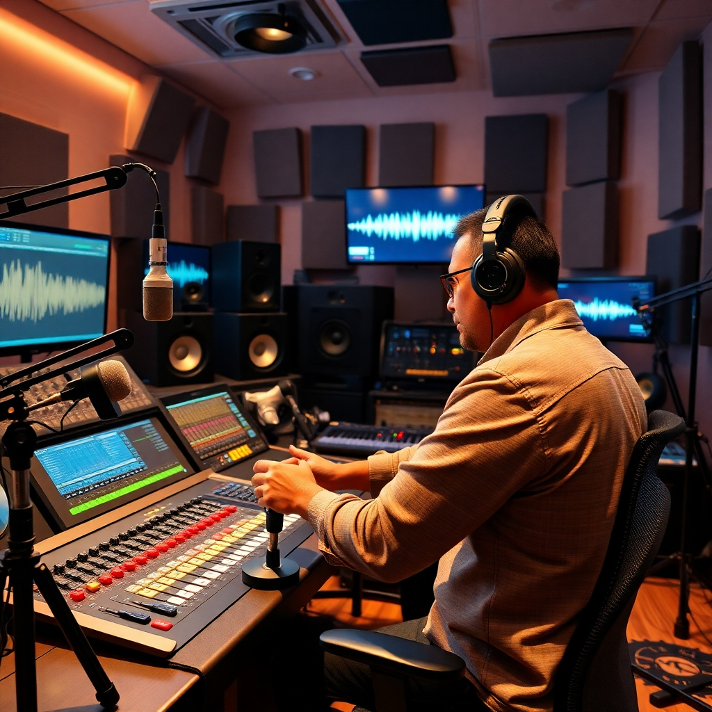 A sound studio filled with professional audio equipment, such as microphones and sound mixers, where a sound engineer is adjusting audio levels on a mixing board while wearing headphones. Include visual elements like sound waveforms displayed on screens, and acoustic panels on the walls.