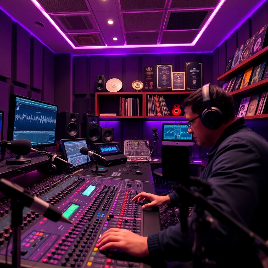 A state-of-the-art audio production studio featuring sound engineers at work. The room is adorned with acoustic panels, and soft ambient lighting enhances the high-tech atmosphere. The color palette revolves around deep purples and blacks, creating a luxurious yet technological mood. A close-up perspective focuses on a sound engineer adjusting mixing equipment with precision, emphasizing the texture of the buttons and sliders. Numerous high-quality microphones and headphones populate the scene, alongside screens displaying sound waves and audio tracks. In the background, shelves filled with vinyl records and music awards suggest a rich musical history. The style evokes the professionalism seen in high-end music studios, ensuring an ultra-detailed representation suitable for showcasing audio innovation in 8K resolution.