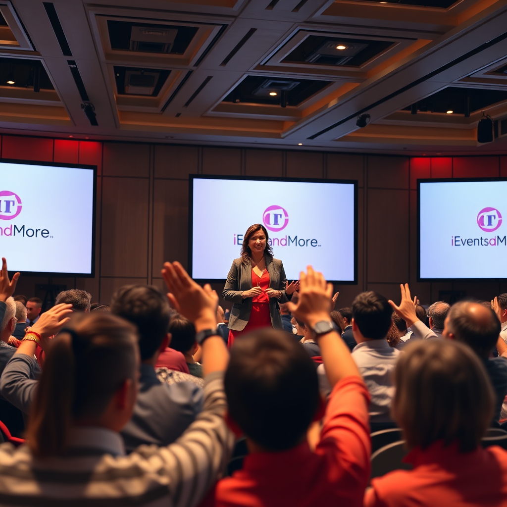 A stunning image depicting a host standing confidently on stage, addressing a professional audience in a chic conference center illuminated by sophisticated lighting. The attendees are engaged, with hands raised in questions, showcasing a vibrant interaction. The backdrop features large screens displaying the iEventsandMore.com logo. The warm color palette creates an inviting atmosphere. The camera angle emphasizes the host’s charismatic presence. High detail in facial expressions and attire enhances the connection to the audience, symbolizing empowerment and engagement.