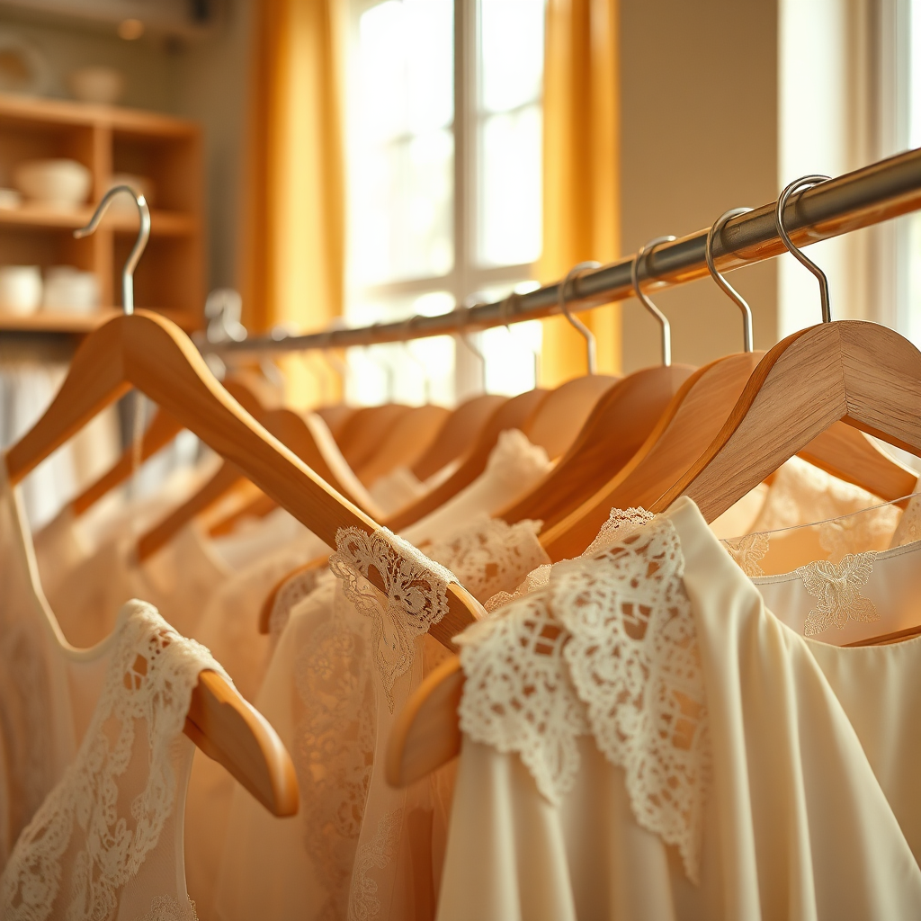 A stunning, photorealistic image showing a collection of elegantly arranged clothing items on wooden hangers, with soft natural light filtering through the boutique windows. The warm tones create an inviting atmosphere. The camera angle captures the depth of the display, highlighting intricate details in the fabrics and textures, such as lace and satin. This image symbolizes the luxury and refinement of WendyWoo collections.