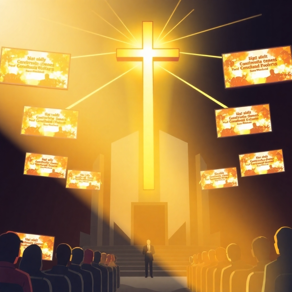 A stylized artistic depiction of a church with a large glowing cross, surrounded by digital screens depicting sermon themes reaching out to communities. The image symbolizes connection and inspiration, radiating warmth and energy.