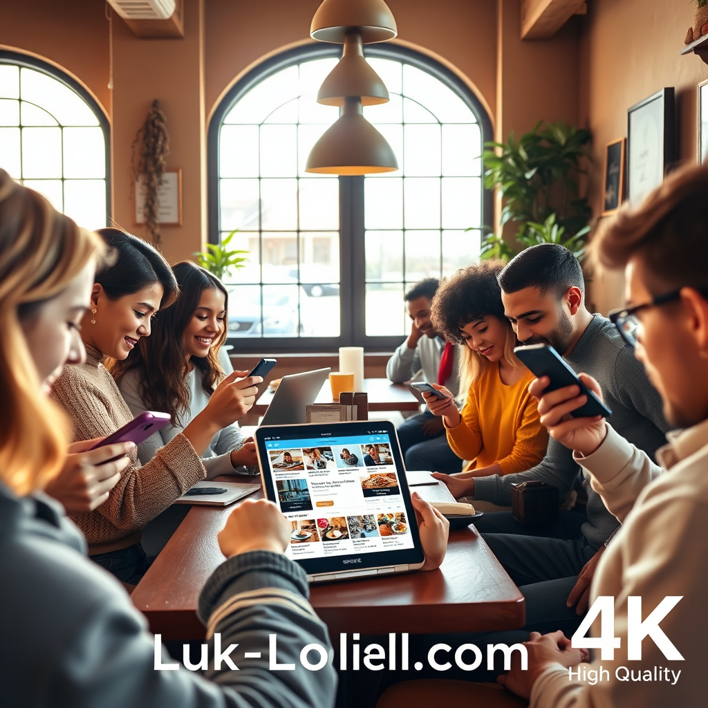 A stylized image depicting a diverse group of people using mobile devices and laptops in a cozy coffee shop, showcasing their interaction with the Luk-Local.com platform. The composition is warm and inviting, with soft natural light streaming through large windows. The color palette includes earth tones and vibrant accents. The camera captures a close-up of the screens displaying various local business options while highlighting the community atmosphere in this engaging environment. The image is in 4K resolution, of high quality, to reflect the dynamic nature of local service discovery.