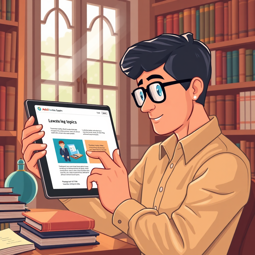 A stylized image illustrating a person confidently exploring legal topics on a tablet. The environment is a cozy study filled with books, daylight streaming through a window. The colors are warm and inviting, creating a thoughtful atmosphere. The focus is on the tablet screen displaying user-friendly graphics from AskJoe-AI. Style references include motivational workspace imagery.
