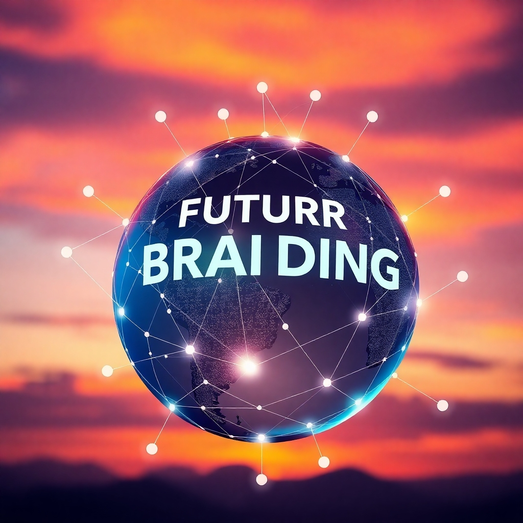 A stylized representation of future branding concepts, showcasing a globe with interconnected digital nodes symbolizing global reach. The background features a sunset sky, blending oranges and purples, creating a stunning visual. The interactive aspect of branding is hinted at with layered graphics and textures, emphasizing depth and connection.