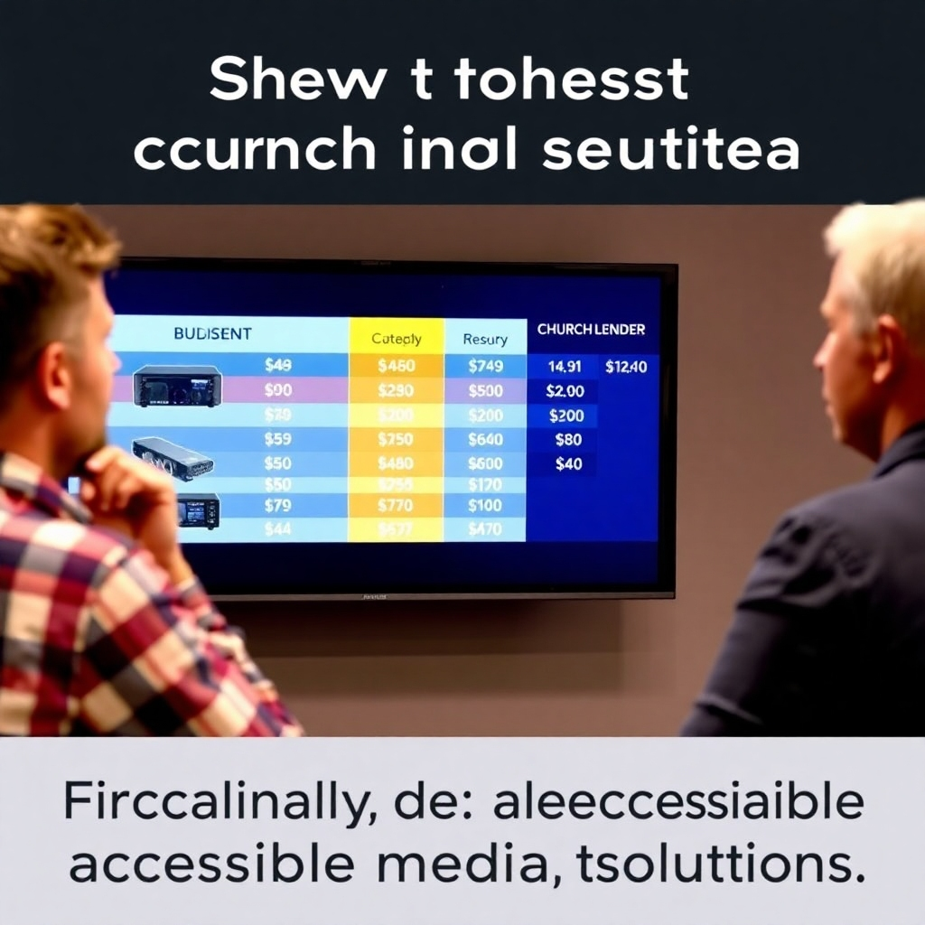 A thoughtful image showing church leaders comparing different equipment prices on a digital screen, with a budget chart in the background. This scene highlights the practicality of financially accessible media solutions.