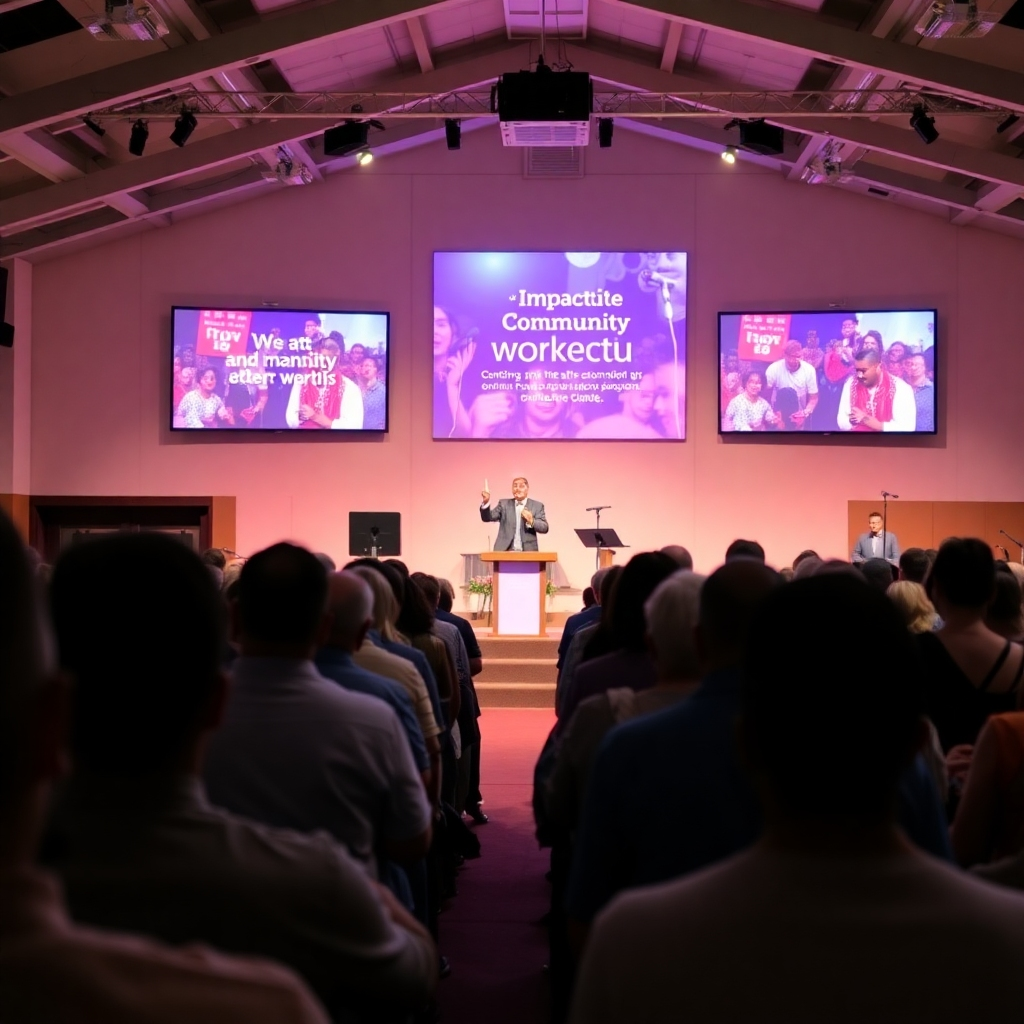 A vibrant church service with energetic multimedia presentations captivating the congregation; visuals of impactful community outreach flash across screens, highlighting connection and inspiration in worship.