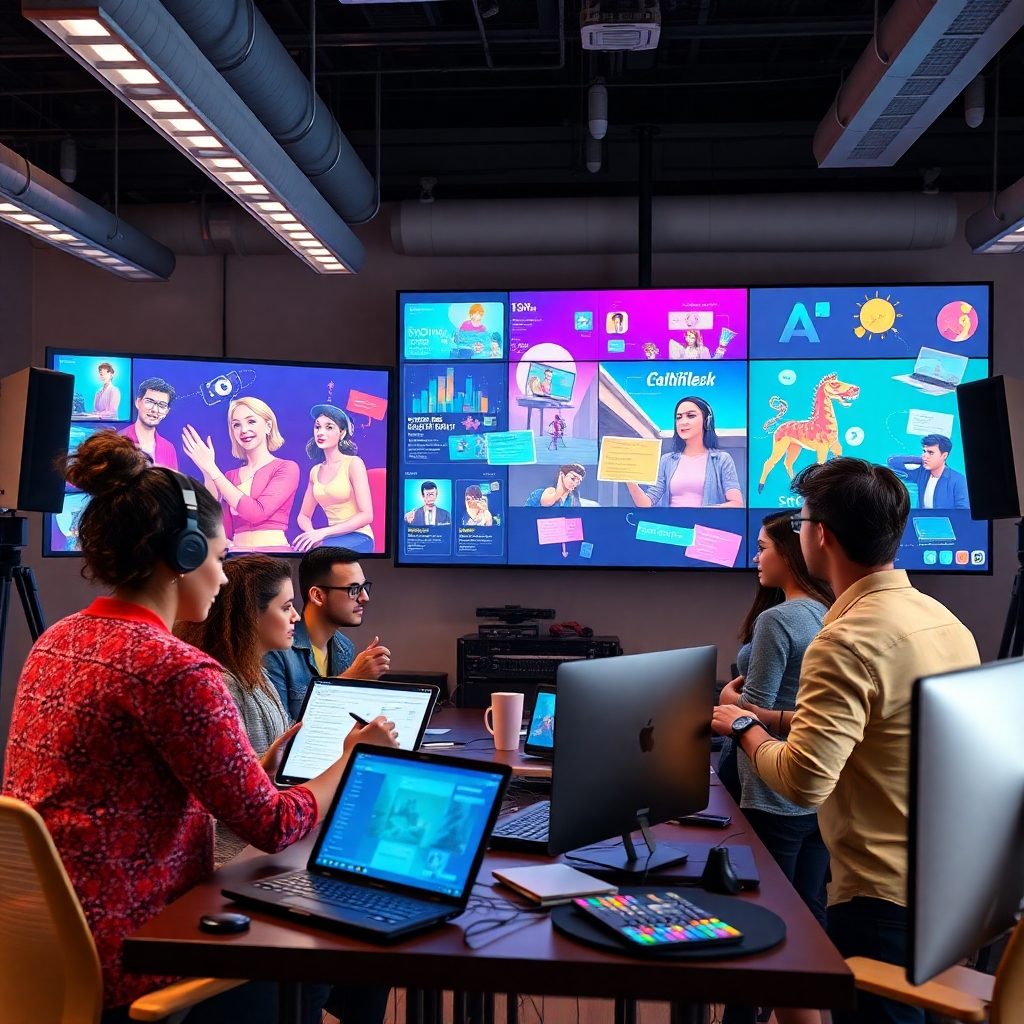 A vibrant digital workspace showcasing a team of diverse creative professionals collaborating on a storytelling project. The scene includes large screens displaying colorful animations and visual effects, surrounded by brainstorming notes and high-tech audio equipment in a modern office environment.