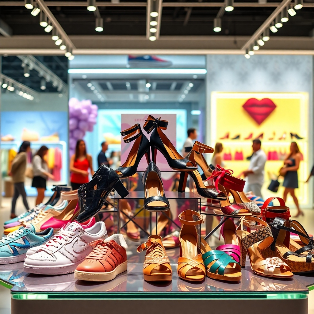 A vibrant display showcasing a variety of stylish shoes, including sneakers, heels, and sandals, arranged artfully in a bright, well-lit store setting. The background should suggest a modern, fashionable atmosphere, with shoppers admiring the styles.