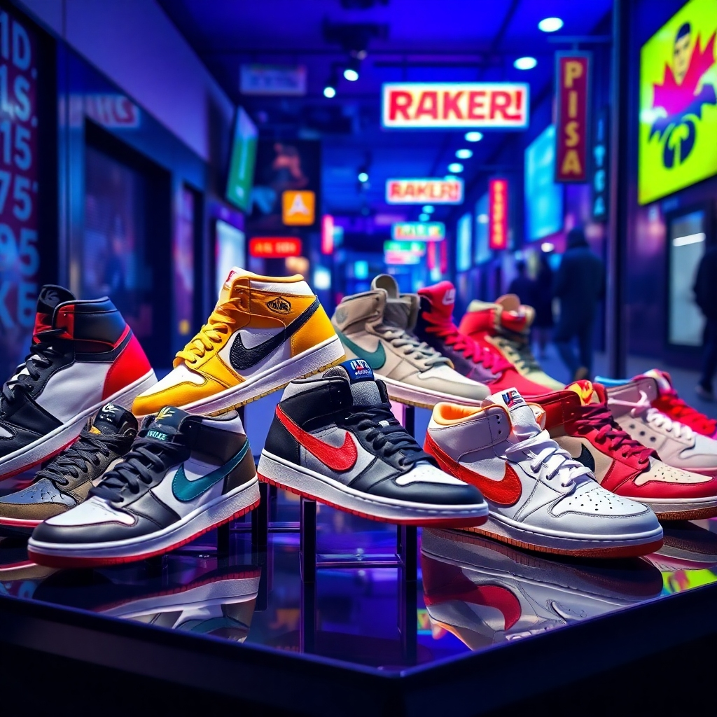 A vibrant display showing various limited-edition shoes from top-name brands, elegantly arranged. Showcase unique designs and logos on the shoes, with a background featuring a stylish urban setting that reflects street fashion.