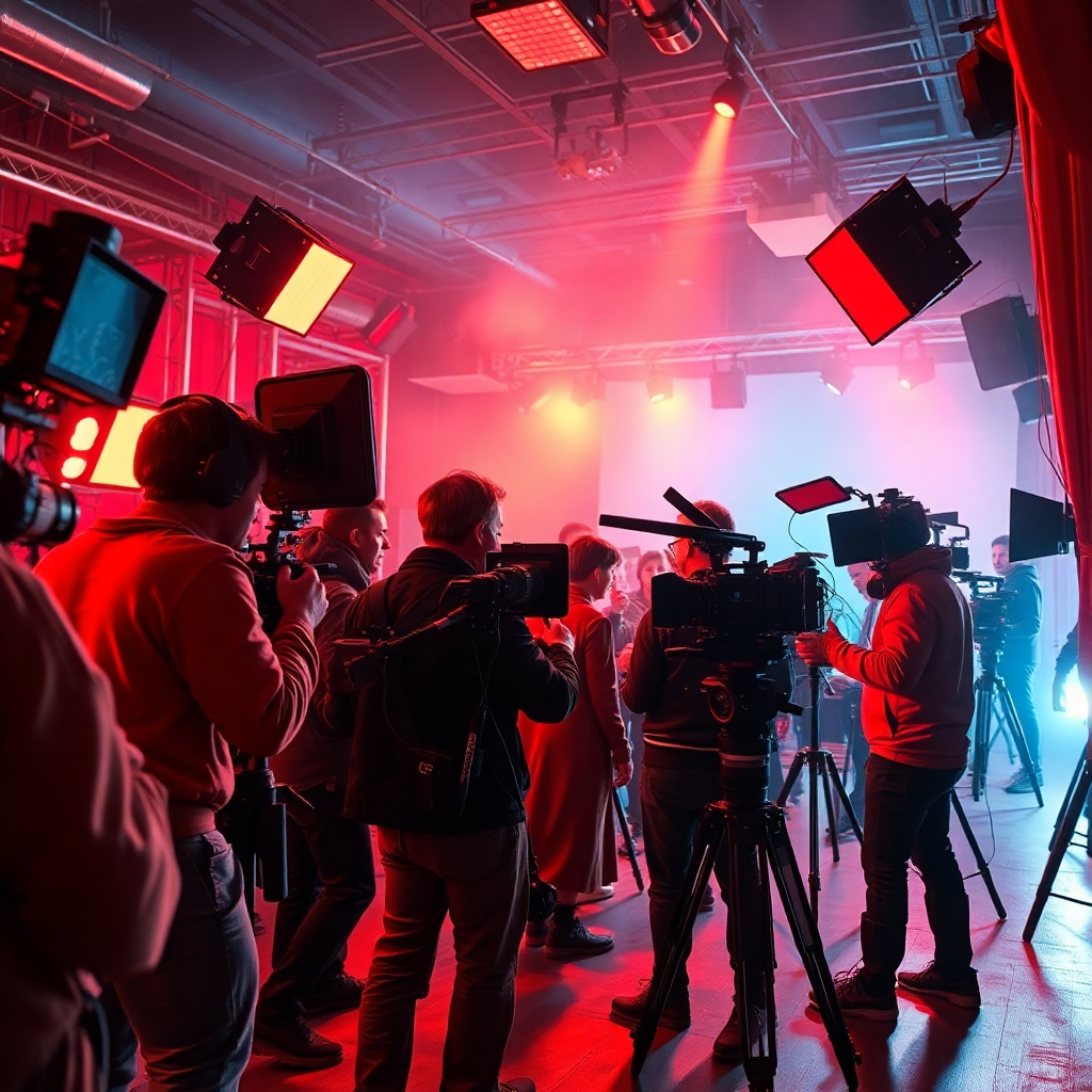 A vibrant film set bustling with activity, featuring a camera crew capturing a dynamic scene. The set is illuminated by dramatic side lighting, enhancing the cinematic quality of the production. The color palette includes warm reds and cool blues, evoking excitement and creativity. Captured from a low angle, the perspective amplifies the action happening on set, with a director guiding actors and crew amidst various high-end cameras and equipment. Textures from fabric costumes and props create visual interest, while an array of lighting rigs and backdrop elements fill the scene. The surroundings convey a sense of bustling creativity, referencing the energy of well-known film productions. The image aims for hyperrealism, showcasing fine details in 8K resolution, perfect for demonstrating the art of storytelling through video.