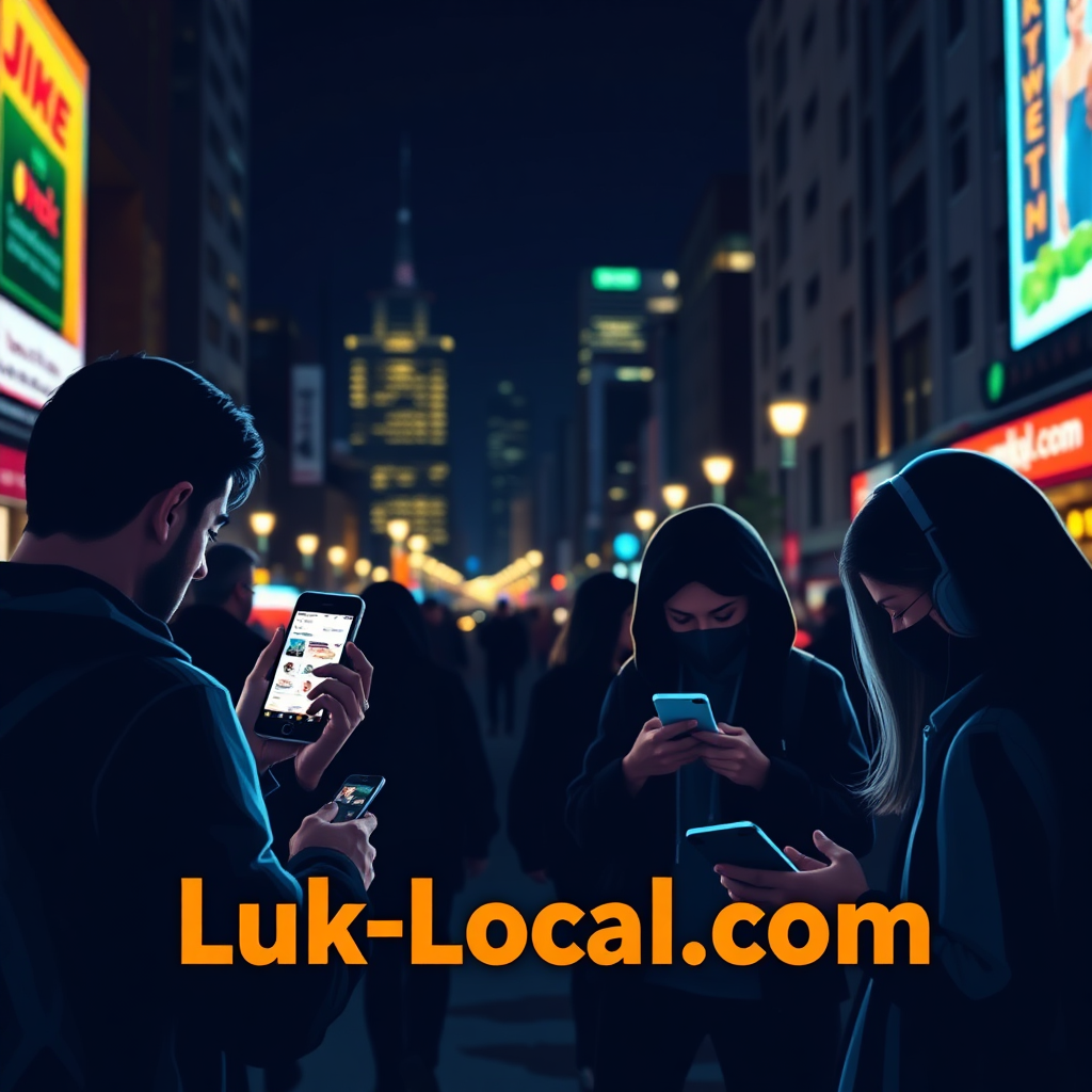 A vibrant image illustrating a nightlife scene where individuals are using their smartphones outdoors, connecting to local dining options on Luk-Local.com. The city lights create a backdrop that pulses with energy, highlighting the app's convenience for users. Mixed shadows and lights capture the excitement of making local connections, reflecting technological ease.