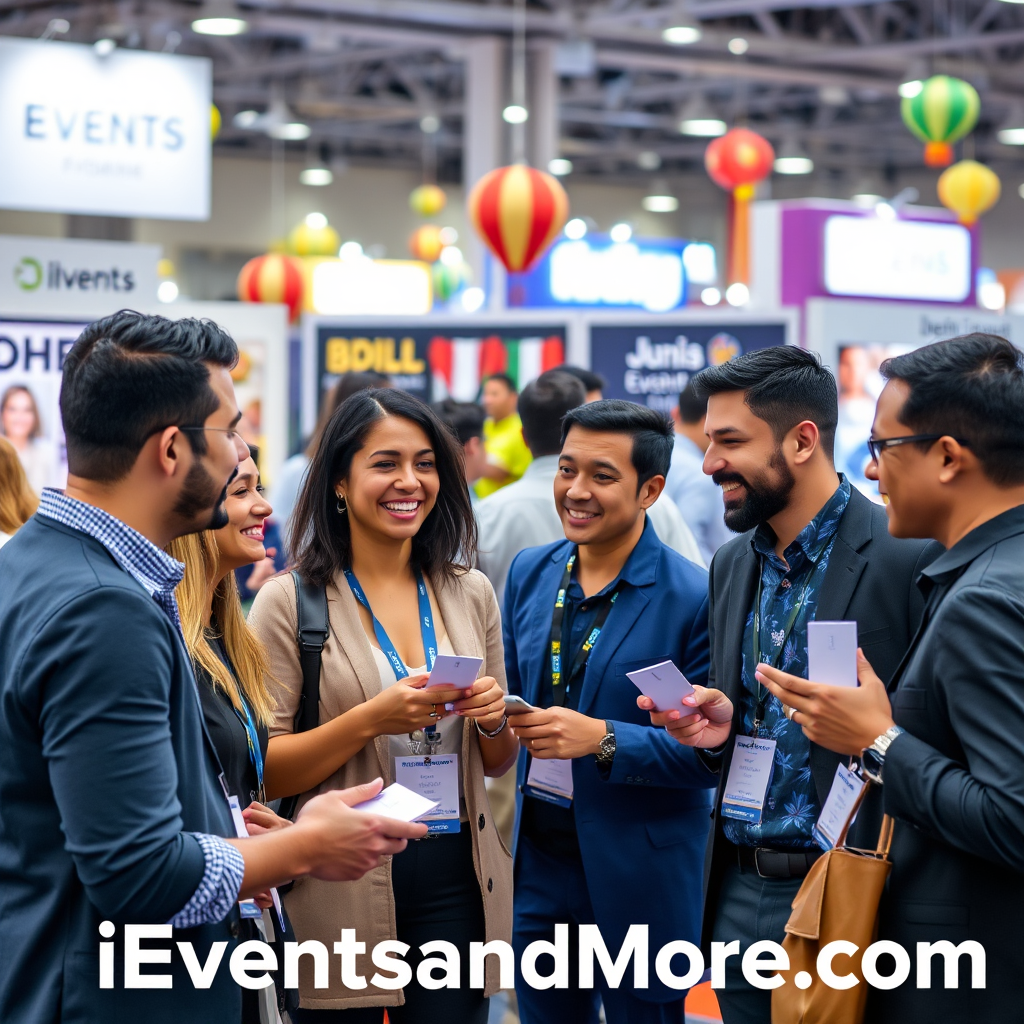 A vibrant image of a multicultural group of event promoters networking at an industry conference, exchanging ideas and business cards with enthusiasm. The background features booths showcasing various brands and cultural decorations from around the world. The shot captures the dynamic energy of conversation, supplemented by bright lights and colorful displays. This composition evokes collaboration and excitement, symbolizing the global reach and community of iEventsandMore.com.