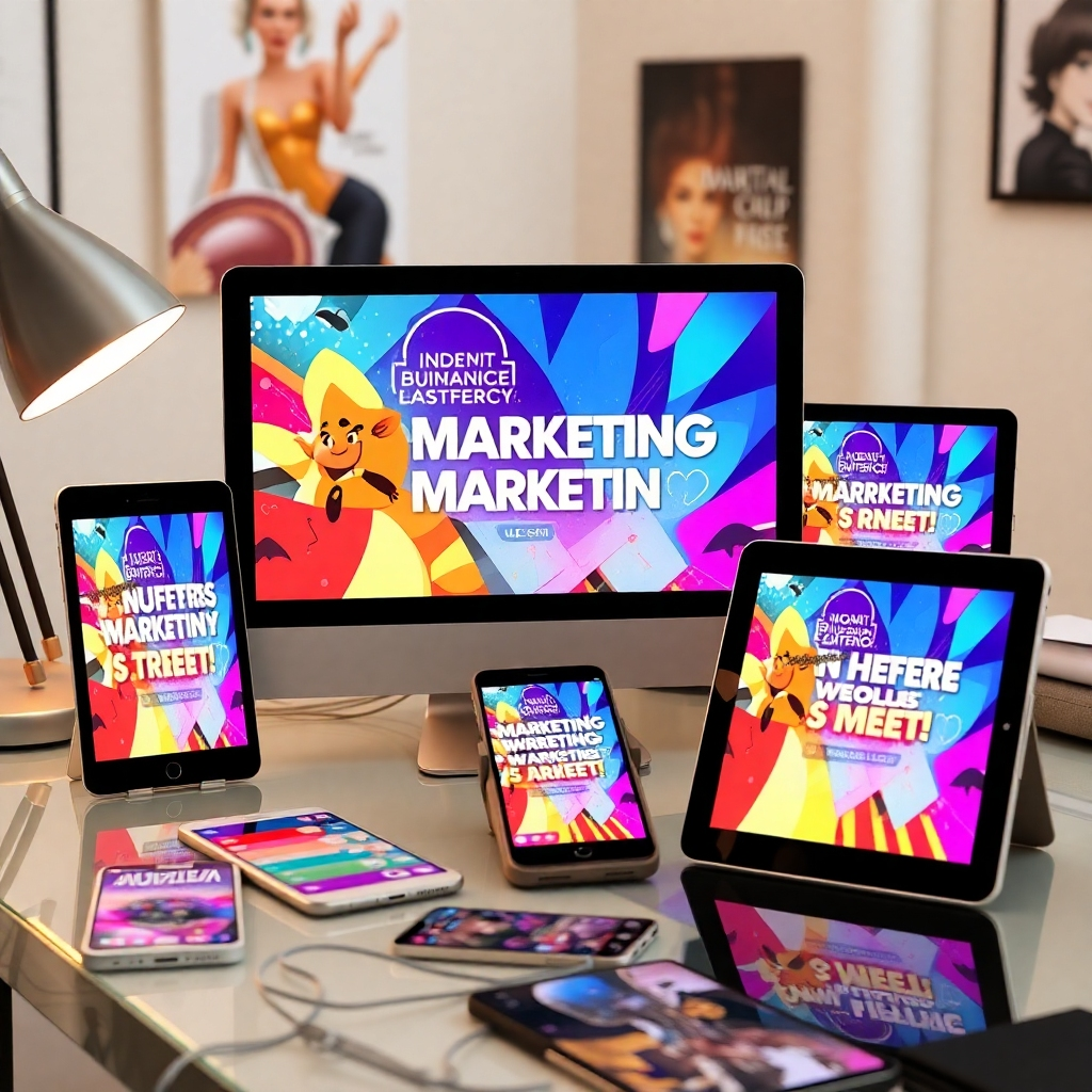 A vibrant marketing campaign displayed on various media platforms, showcasing eye-catching graphics and engaging messages. The setting can include digital devices like tablets and smartphones on a stylish desk, conveying the use of technology in effective marketing.
