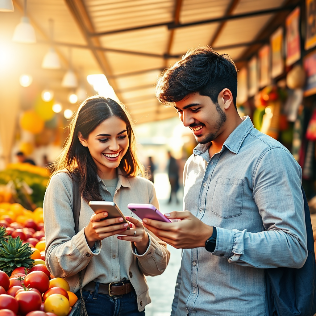 A vibrant, photorealistic image depicting a young couple shopping at a local market, excitedly using their phones to access the AI Rewards Network. Brightly colored market stalls filled with fresh produce and local goods provide a lively backdrop. The dynamic light of the late afternoon sun enhances the scene's warmth, portraying friendship and discovery. The camera angle captures the couple interacting with their device while choosing items, with details like textured fruits and engaging expressions that emphasize the joy of local savings. The image should be rich and inviting, with a focus on everyday moments.