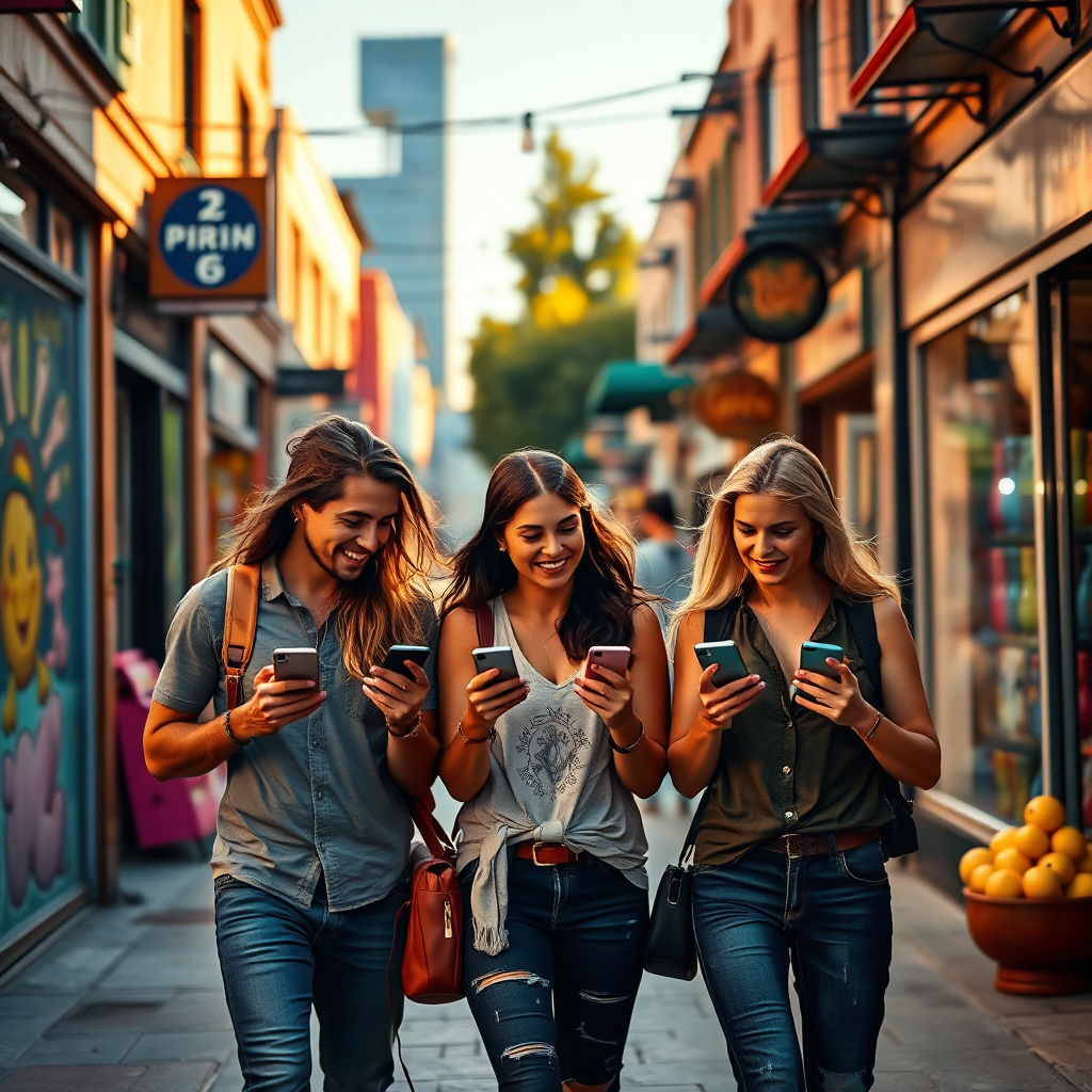 A vibrant, stylized image of a group of friends walking down a lively street, engaging with their phones. The surroundings include colorful street art and unique storefronts, reflecting the diversity of local businesses. Captured in warm, golden hour light, the scene evokes a sense of adventure and excitement. The camera angle should focus on the friends discussing what they found on their devices, creating a connection to the idea of exploring for deals. Textures of the urban environment should be rich and inviting, portraying community life.